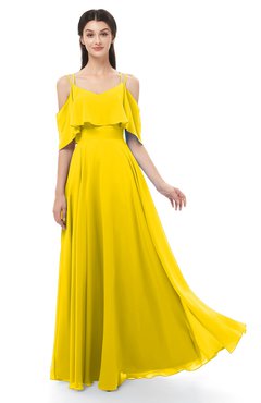 ColsBM Jamie Yellow Bridesmaid Dresses Floor Length Pleated V-neck Half Backless A-line Modern