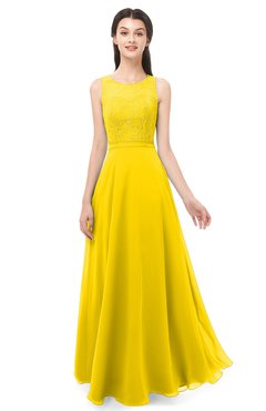 ColsBM Indigo Yellow Bridesmaid Dresses Sleeveless Bateau Lace Simple Floor Length Half Backless