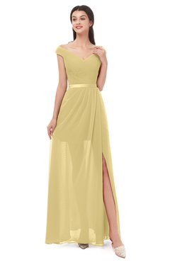 ColsBM Ariel Gold Bridesmaid Dresses A-line Short Sleeve Off The Shoulder Sash Sexy Floor Length