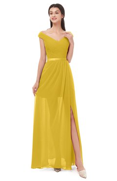 ColsBM Ariel Lemon Curry Bridesmaid Dresses A-line Short Sleeve Off The Shoulder Sash Sexy Floor Length