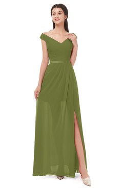 ColsBM Ariel Olive Green Bridesmaid Dresses A-line Short Sleeve Off The Shoulder Sash Sexy Floor Length