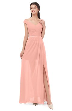 ColsBM Ariel Peach Bridesmaid Dresses A-line Short Sleeve Off The Shoulder Sash Sexy Floor Length
