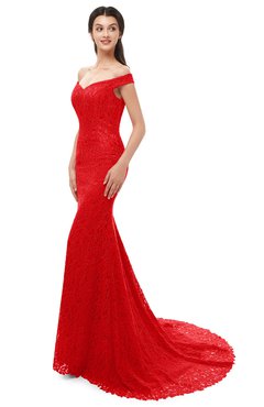 ColsBM Reese Fiery Red Bridesmaid Dresses Zip up Mermaid Sexy Off The Shoulder Lace Chapel Train