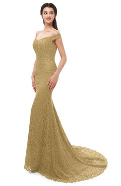 ColsBM Reese Venetian Gold Bridesmaid Dresses Zip up Mermaid Sexy Off The Shoulder Lace Chapel Train
