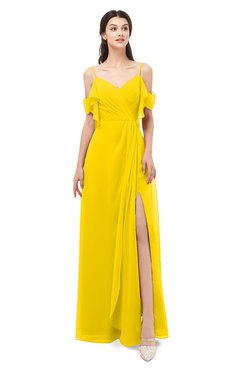 ColsBM Blair Yellow Bridesmaid Dresses Spaghetti Zipper Simple A-line Ruching Short Sleeve