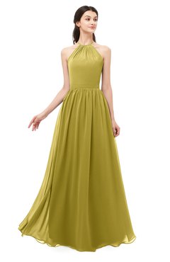 ColsBM Irene Golden Olive Bridesmaid Dresses Sleeveless Halter Criss-cross Straps Sexy A-line Sash