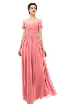 ColsBM Angel Coral Bridesmaid Dresses Short Sleeve Elegant A-line Ruching Floor Length Backless