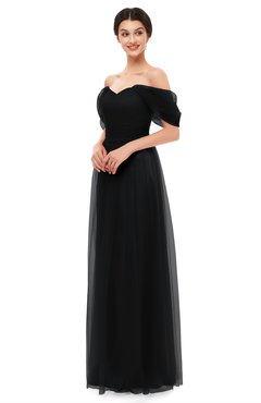 ColsBM Haven Black Bridesmaid Dresses Zip up Off The Shoulder Sexy Floor Length Short Sleeve A-line