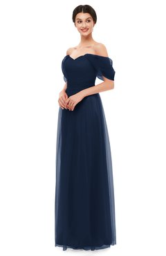ColsBM Haven Navy Blue Bridesmaid Dresses Zip up Off The Shoulder Sexy Floor Length Short Sleeve A-line