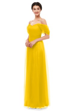 ColsBM Haven Yellow Bridesmaid Dresses Zip up Off The Shoulder Sexy Floor Length Short Sleeve A-line