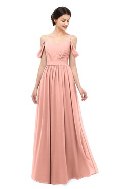 ColsBM Elwyn Peach Bridesmaid Dresses Floor Length Pleated V-neck Romantic Backless A-line