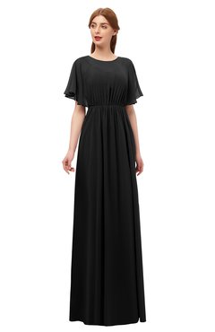 ColsBM Darcy Black Bridesmaid Dresses Pleated Modern Jewel Short Sleeve Lace up Floor Length