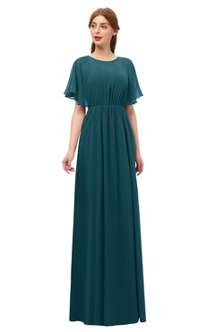 ColsBM Darcy Blue Green Bridesmaid Dresses Pleated Modern Jewel Short Sleeve Lace up Floor Length