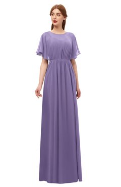 ColsBM Darcy Chalk Violet Bridesmaid Dresses Pleated Modern Jewel Short Sleeve Lace up Floor Length