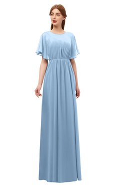 ColsBM Darcy Dusty Blue Bridesmaid Dresses Pleated Modern Jewel Short Sleeve Lace up Floor Length