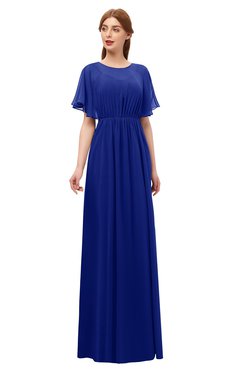 ColsBM Darcy Electric Blue Bridesmaid Dresses Pleated Modern Jewel Short Sleeve Lace up Floor Length