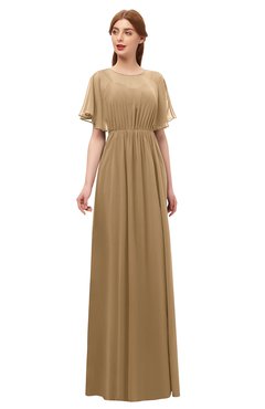 ColsBM Darcy Indian Tan Bridesmaid Dresses Pleated Modern Jewel Short Sleeve Lace up Floor Length