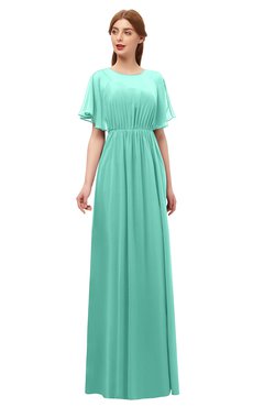 ColsBM Darcy Mint Green Bridesmaid Dresses Pleated Modern Jewel Short Sleeve Lace up Floor Length