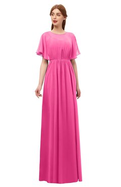 ColsBM Darcy Rose Pink Bridesmaid Dresses Pleated Modern Jewel Short Sleeve Lace up Floor Length