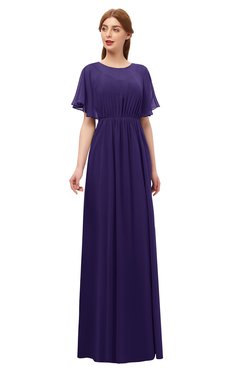 ColsBM Darcy Royal Purple Bridesmaid Dresses Pleated Modern Jewel Short Sleeve Lace up Floor Length