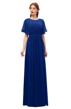 ColsBM Darcy Sodalite Blue Bridesmaid Dresses Pleated Modern Jewel Short Sleeve Lace up Floor Length