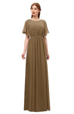 ColsBM Darcy Truffle Bridesmaid Dresses Pleated Modern Jewel Short Sleeve Lace up Floor Length