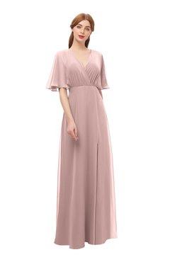 ColsBM Dusty Bridal Rose Bridesmaid Dresses Pleated Glamorous Zip up Short Sleeve Floor Length A-line
