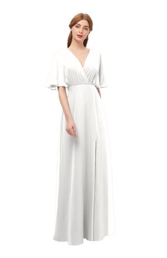 ColsBM Dusty Cloud White Bridesmaid Dresses Pleated Glamorous Zip up Short Sleeve Floor Length A-line