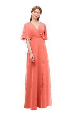 ColsBM Dusty Fusion Coral Bridesmaid Dresses Pleated Glamorous Zip up Short Sleeve Floor Length A-line