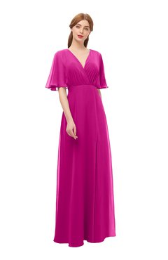 ColsBM Dusty Hot Pink Bridesmaid Dresses Pleated Glamorous Zip up Short Sleeve Floor Length A-line
