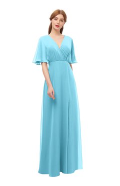 ColsBM Dusty Light Blue Bridesmaid Dresses Pleated Glamorous Zip up Short Sleeve Floor Length A-line