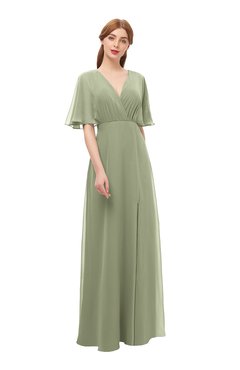 ColsBM Dusty Moss Green Bridesmaid Dresses Pleated Glamorous Zip up Short Sleeve Floor Length A-line