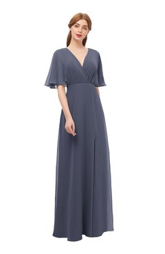 ColsBM Dusty Nightshadow Blue Bridesmaid Dresses Pleated Glamorous Zip up Short Sleeve Floor Length A-line