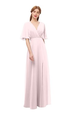 ColsBM Dusty Petal Pink Bridesmaid Dresses Pleated Glamorous Zip up Short Sleeve Floor Length A-line