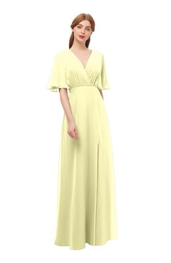 ColsBM Dusty Wax Yellow Bridesmaid Dresses Pleated Glamorous Zip up Short Sleeve Floor Length A-line