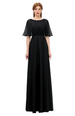 ColsBM Ricki Black Bridesmaid Dresses Floor Length Zipper Elbow Length Sleeve Glamorous Pleated Jewel