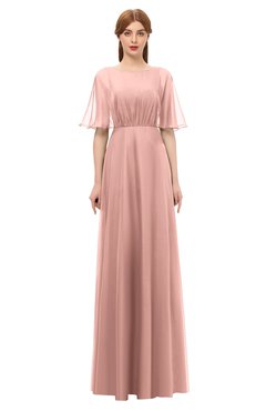 ColsBM Ricki Coral Almond Bridesmaid Dresses Floor Length Zipper Elbow Length Sleeve Glamorous Pleated Jewel