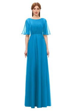 ColsBM Ricki Cornflower Blue Bridesmaid Dresses Floor Length Zipper Elbow Length Sleeve Glamorous Pleated Jewel