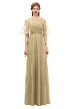 ColsBM Ricki Gold Bridesmaid Dresses Floor Length Zipper Elbow Length Sleeve Glamorous Pleated Jewel