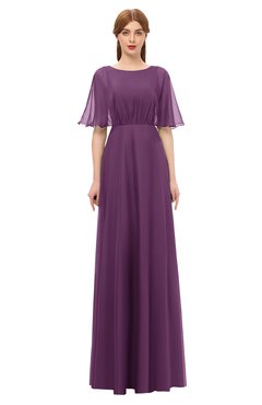 ColsBM Ricki Grape Juice Bridesmaid Dresses Floor Length Zipper Elbow Length Sleeve Glamorous Pleated Jewel