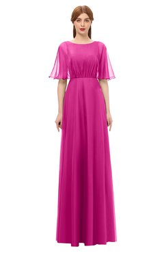 ColsBM Ricki Hot Pink Bridesmaid Dresses Floor Length Zipper Elbow Length Sleeve Glamorous Pleated Jewel