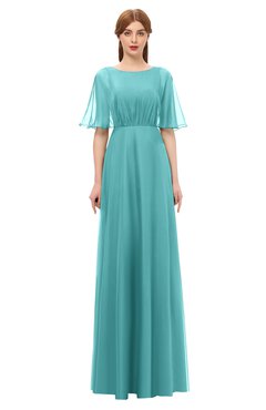 ColsBM Ricki Lake Blue Bridesmaid Dresses Floor Length Zipper Elbow Length Sleeve Glamorous Pleated Jewel