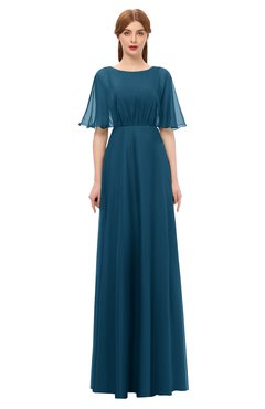 ColsBM Ricki Moroccan Blue Bridesmaid Dresses Floor Length Zipper Elbow Length Sleeve Glamorous Pleated Jewel