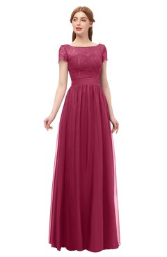 ColsBM Ellery Burgundy Bridesmaid Dresses A-line Half Backless Elegant Floor Length Short Sleeve Bateau