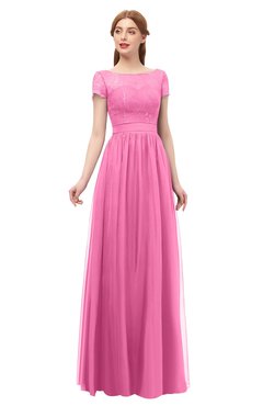 ColsBM Ellery Carnation Pink Bridesmaid Dresses A-line Half Backless Elegant Floor Length Short Sleeve Bateau