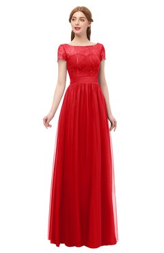 ColsBM Ellery Flame Scarlet Bridesmaid Dresses A-line Half Backless Elegant Floor Length Short Sleeve Bateau