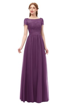 ColsBM Ellery Grape Juice Bridesmaid Dresses A-line Half Backless Elegant Floor Length Short Sleeve Bateau