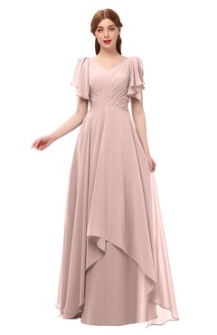 ColsBM Bailee Dusty Rose Bridesmaid Dresses Floor Length A-line Elegant Half Backless Short Sleeve V-neck