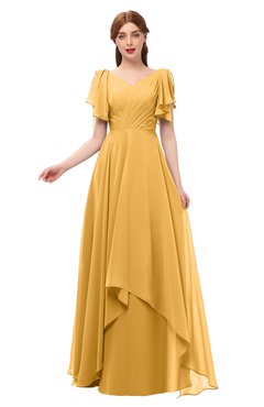ColsBM Bailee Golden Cream Bridesmaid Dresses Floor Length A-line Elegant Half Backless Short Sleeve V-neck