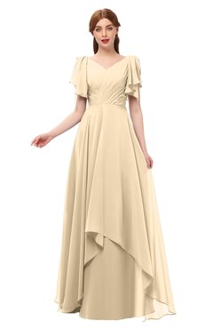 ColsBM Bailee Marzipan Bridesmaid Dresses Floor Length A-line Elegant Half Backless Short Sleeve V-neck